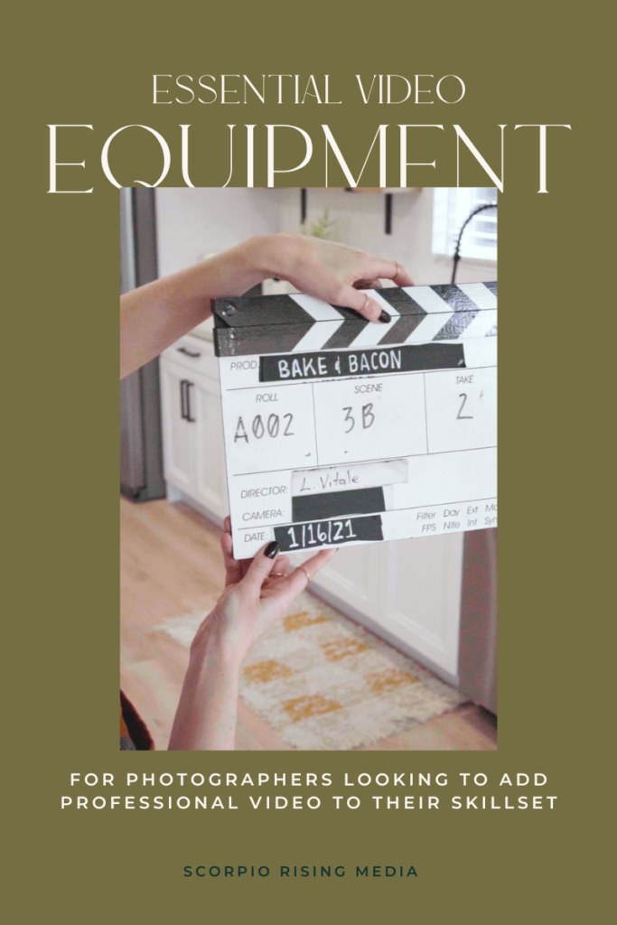 essential video equipment graphic title with photo of a woman holding a film slate