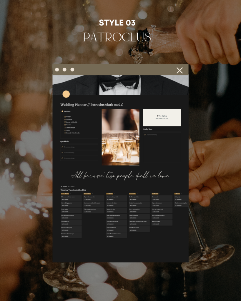 scorpio rising media notion wedding planner template in the style Patroclus 