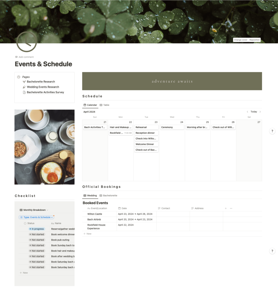Notion wedding planner template events and schedule page features weekly itinerary and checklist