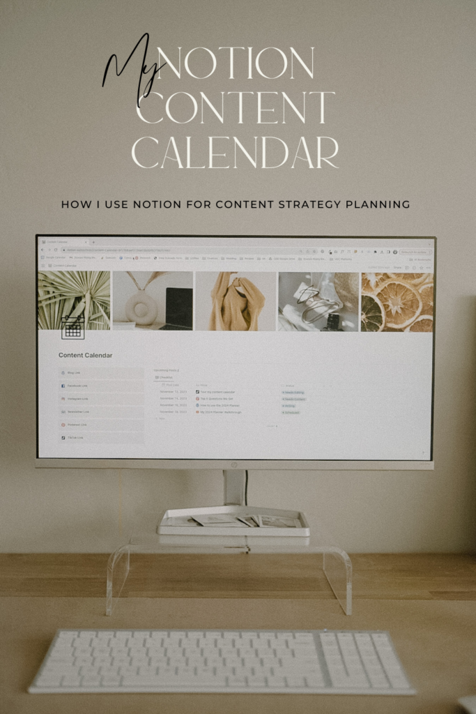 A computer monitor with a content calendar notion template on the screen 