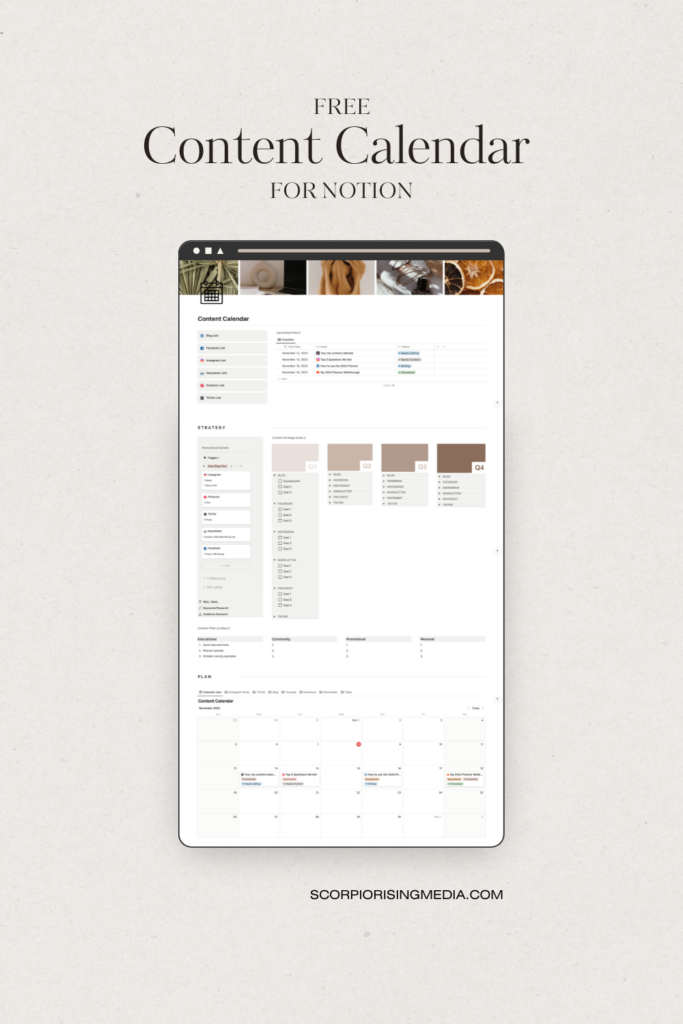 screenshot of scorpio rising media's free content calendar template for notion