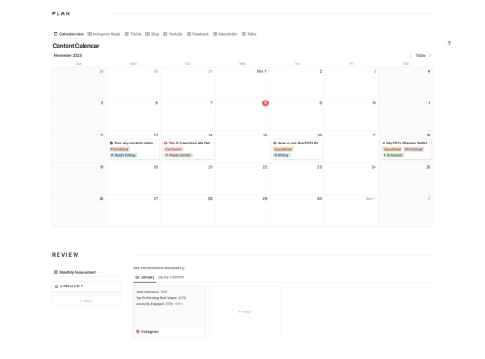 Screenshot of the planning and review section of scorpio rising media's content calendar for notion