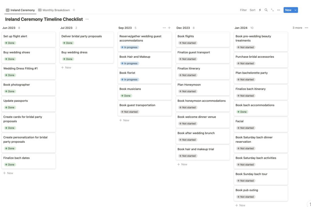 Notion board database listed by month with wedding related tasks underneath