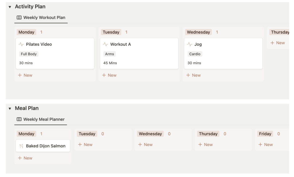 Two Notion board databases, one for tracking fitness routines and one for tracking meal plan