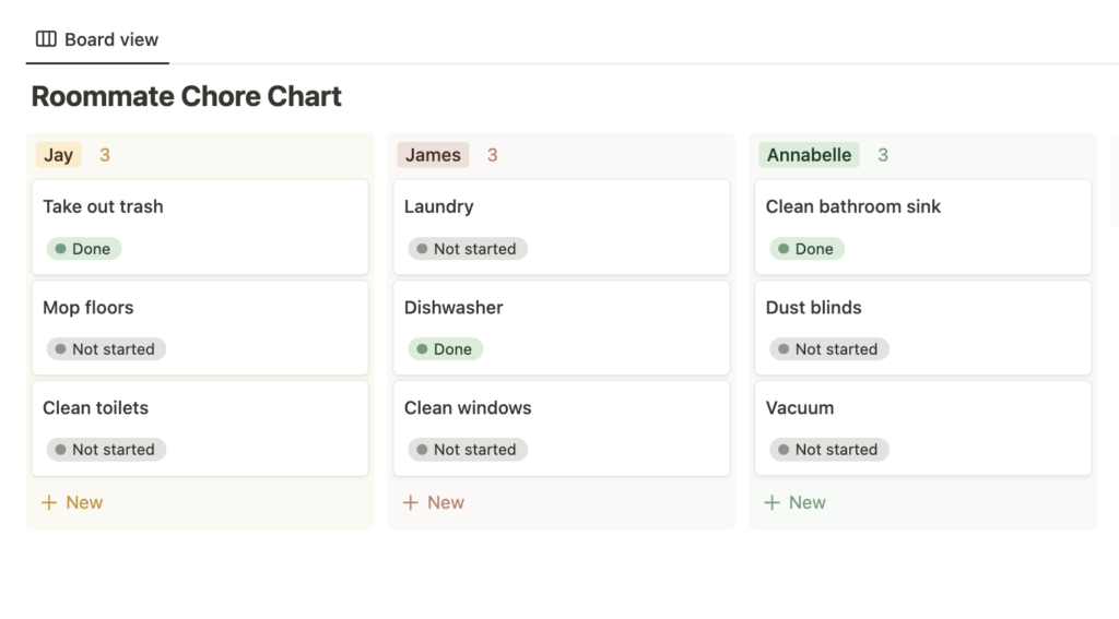 notion board database organized by person for a chore chart