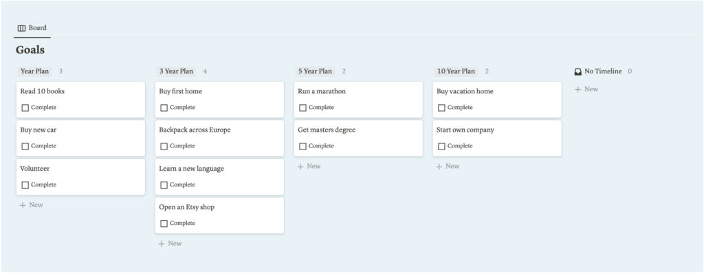 notion board databased organized as a 10 year goal plan