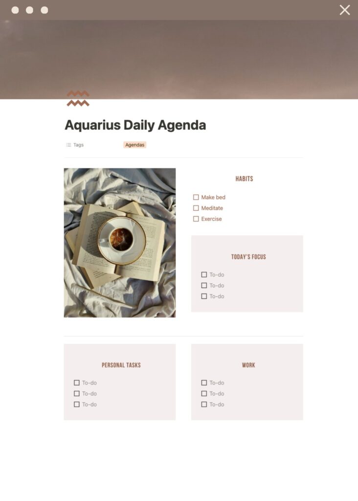minimalist notion agenda template with area for habits, tasks, and appointments