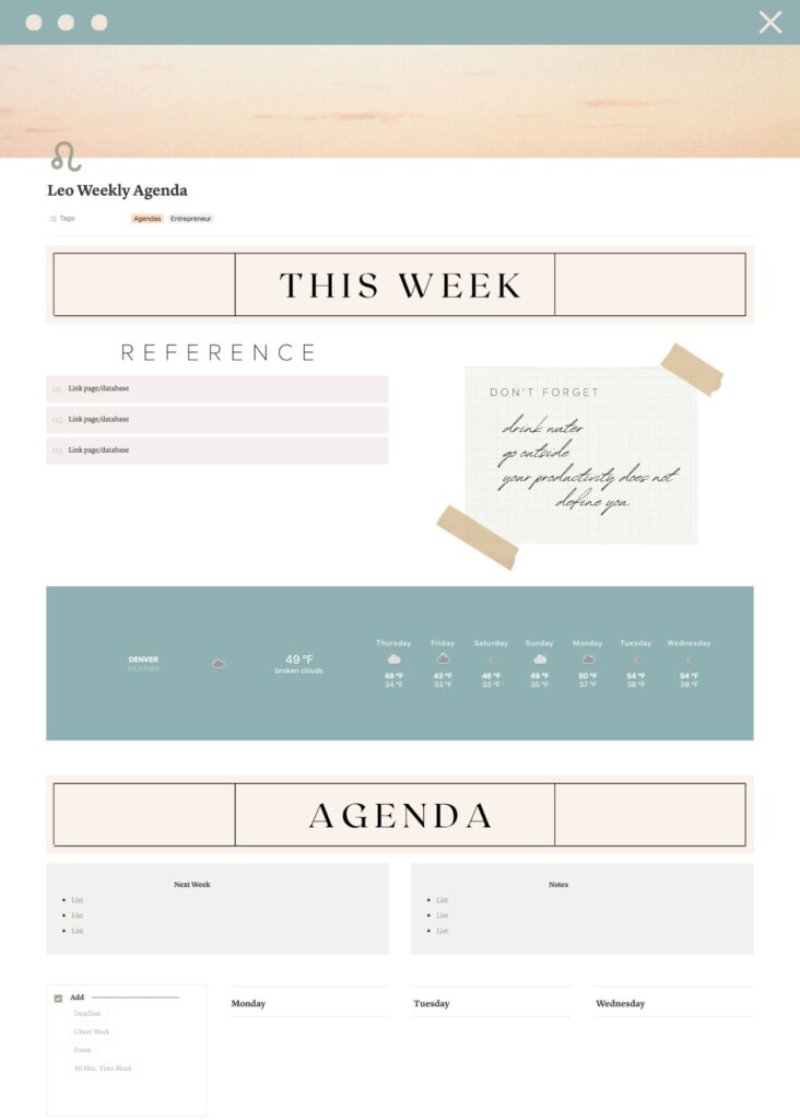 weekly agenda notion template screenshot with a weather widget and agenda section