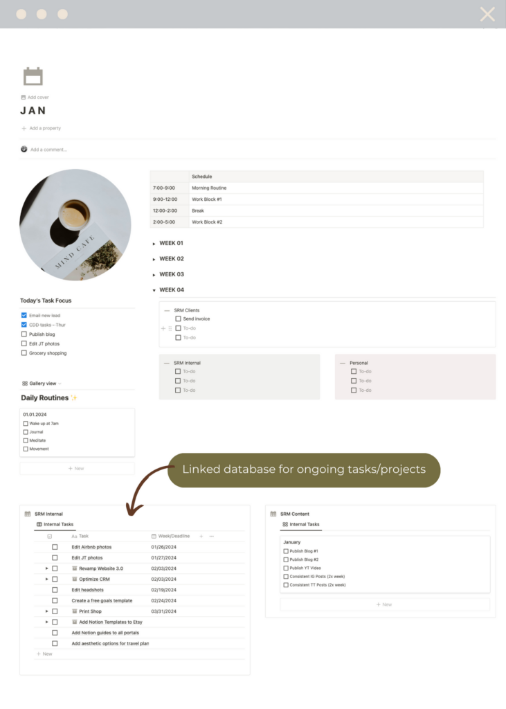 notion weekly agenda showing an example of a linked database for recurring tasks