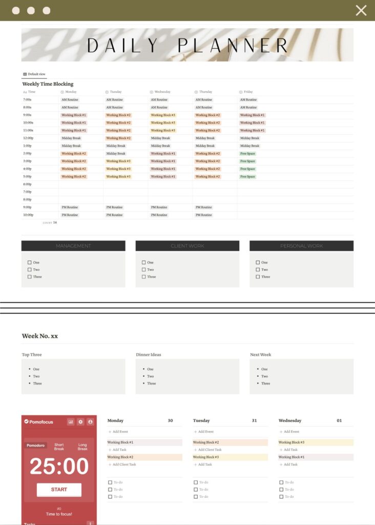 notion weekly agenda template screenshot with time blocking database and area to break down your tasks and agenda