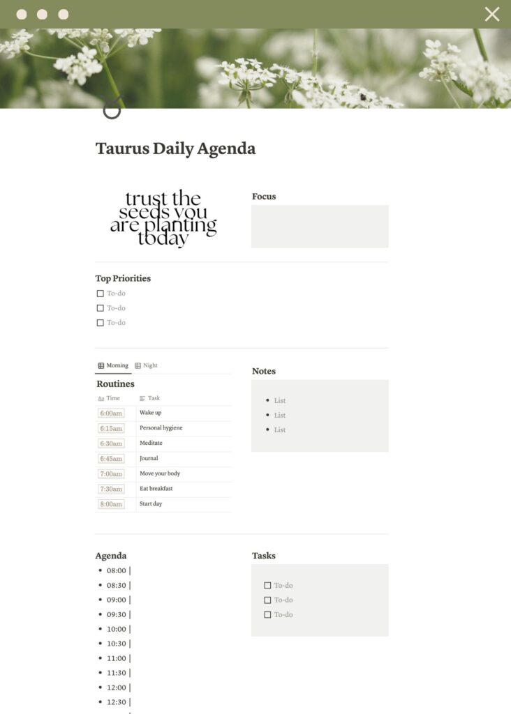 notion daily agenda template screenshot with half hour agenda breakdown and blocks for organizing tasks
