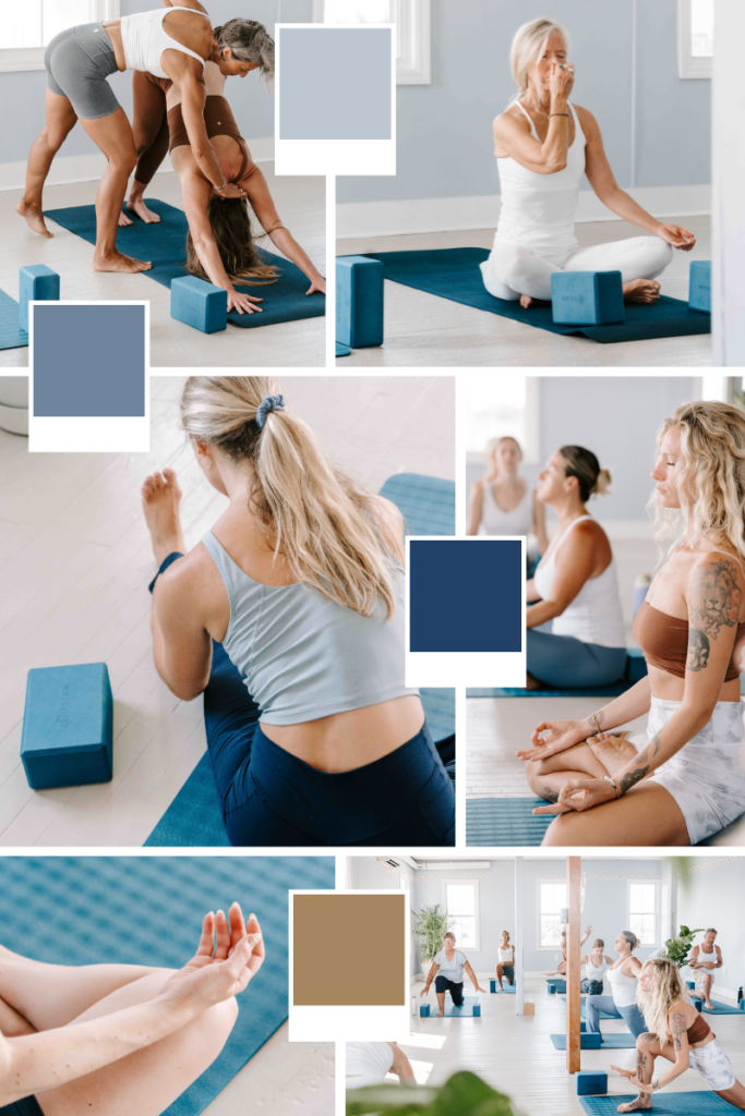 Photo collage of women in a yoga class dressed in various shades of blue and brown