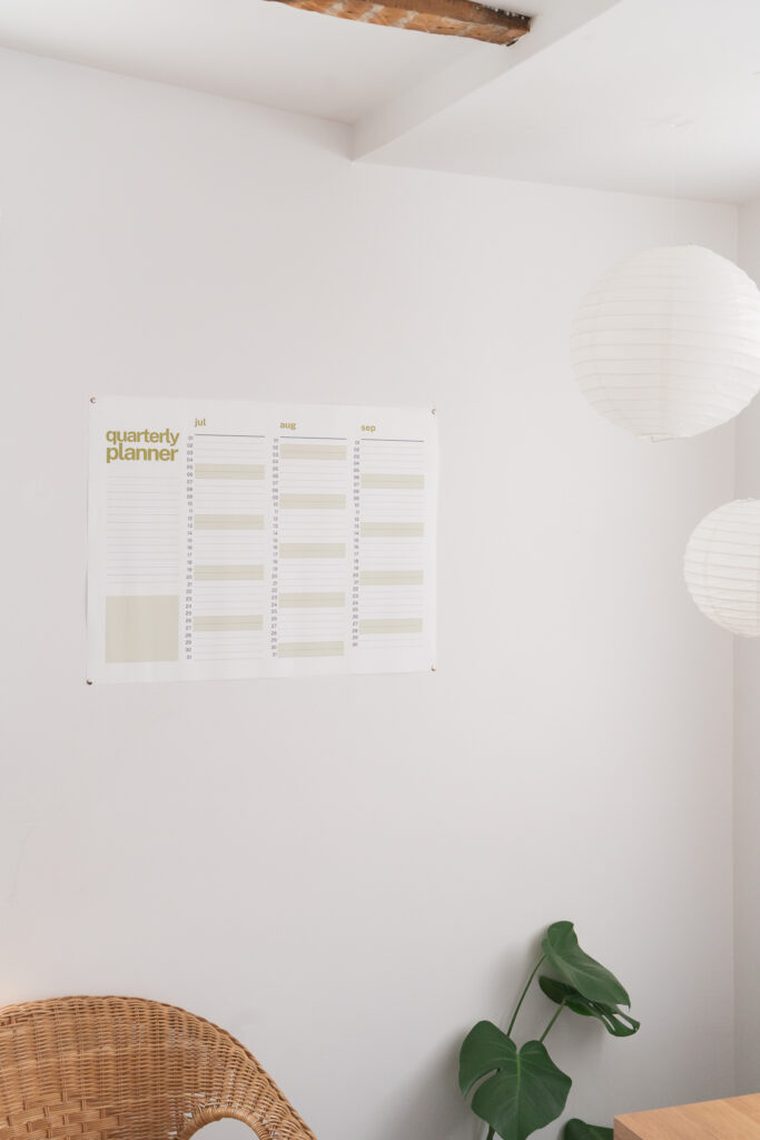 quarterly wall calendar hanging one white wall in a boho home office