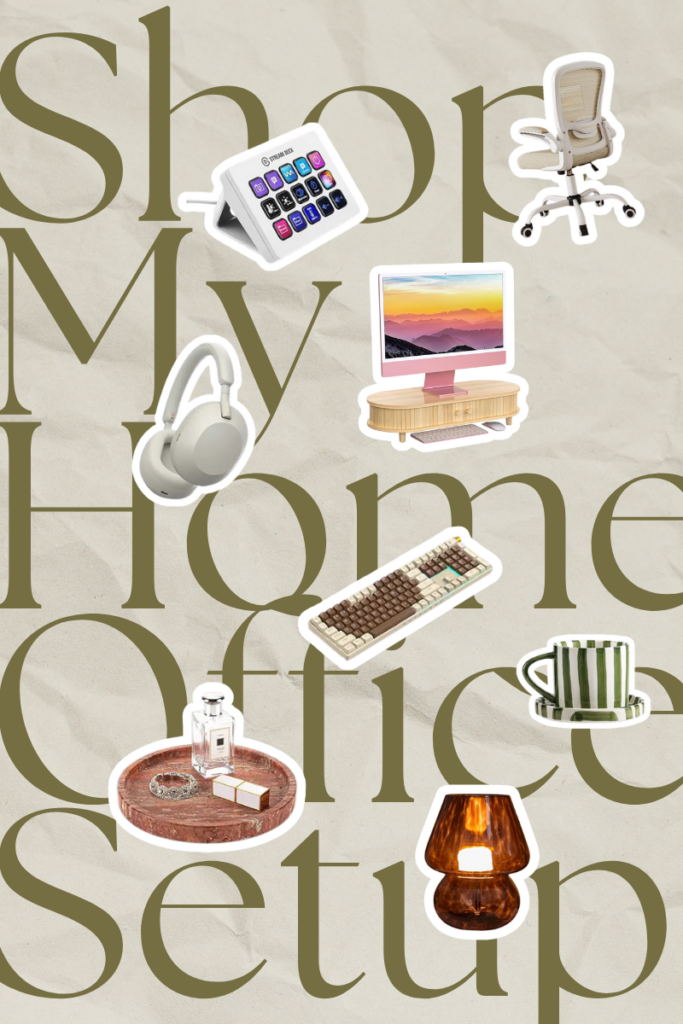 graphic with that reads "Shop my home office setup" in bold font with cut out home office products in front